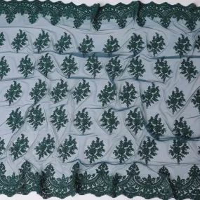 Petrol blue nylon tulle fabric with forest green embroidery in floral design-D11779