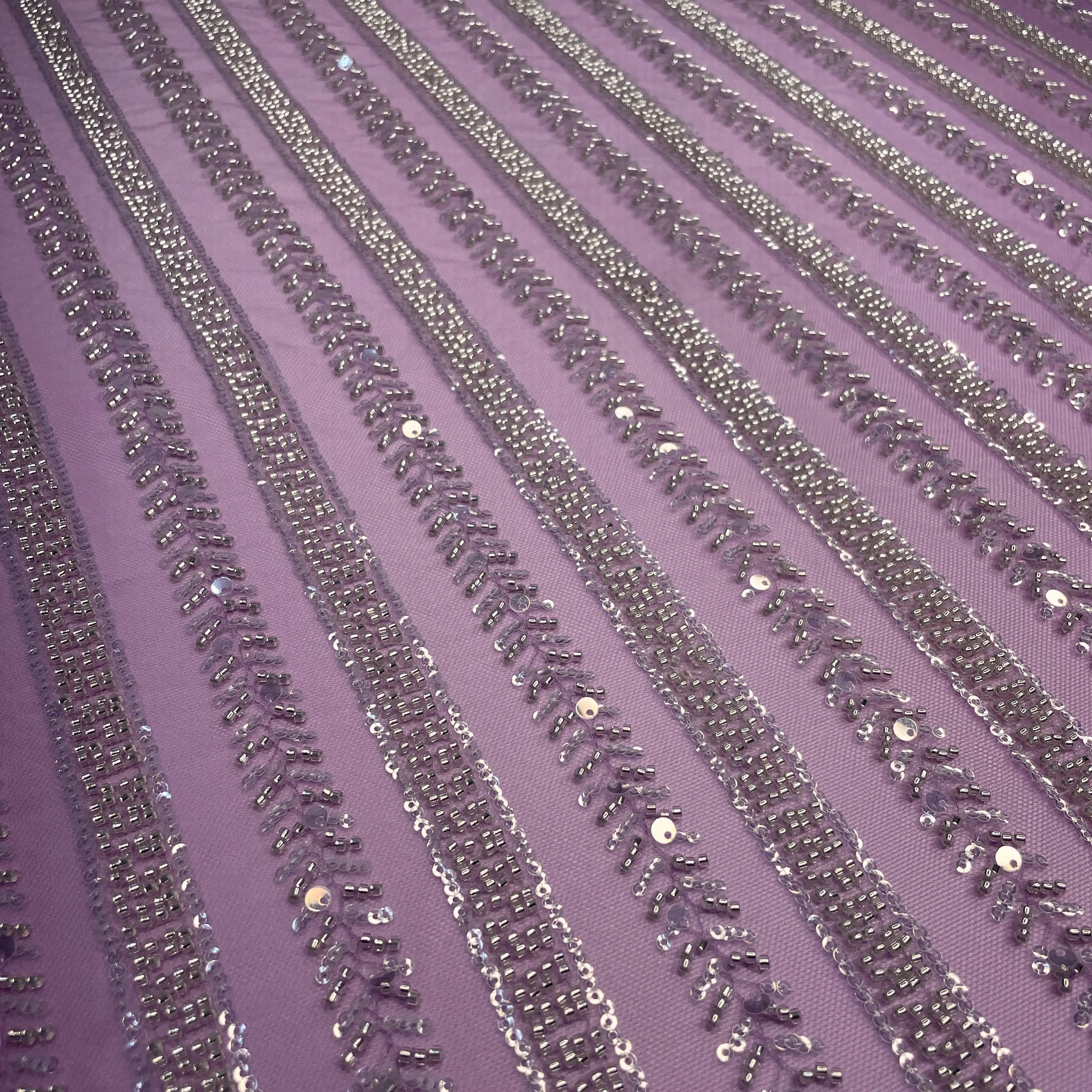 Premium Purple Stripes Sequins CutDana Embroidery Net Fabric