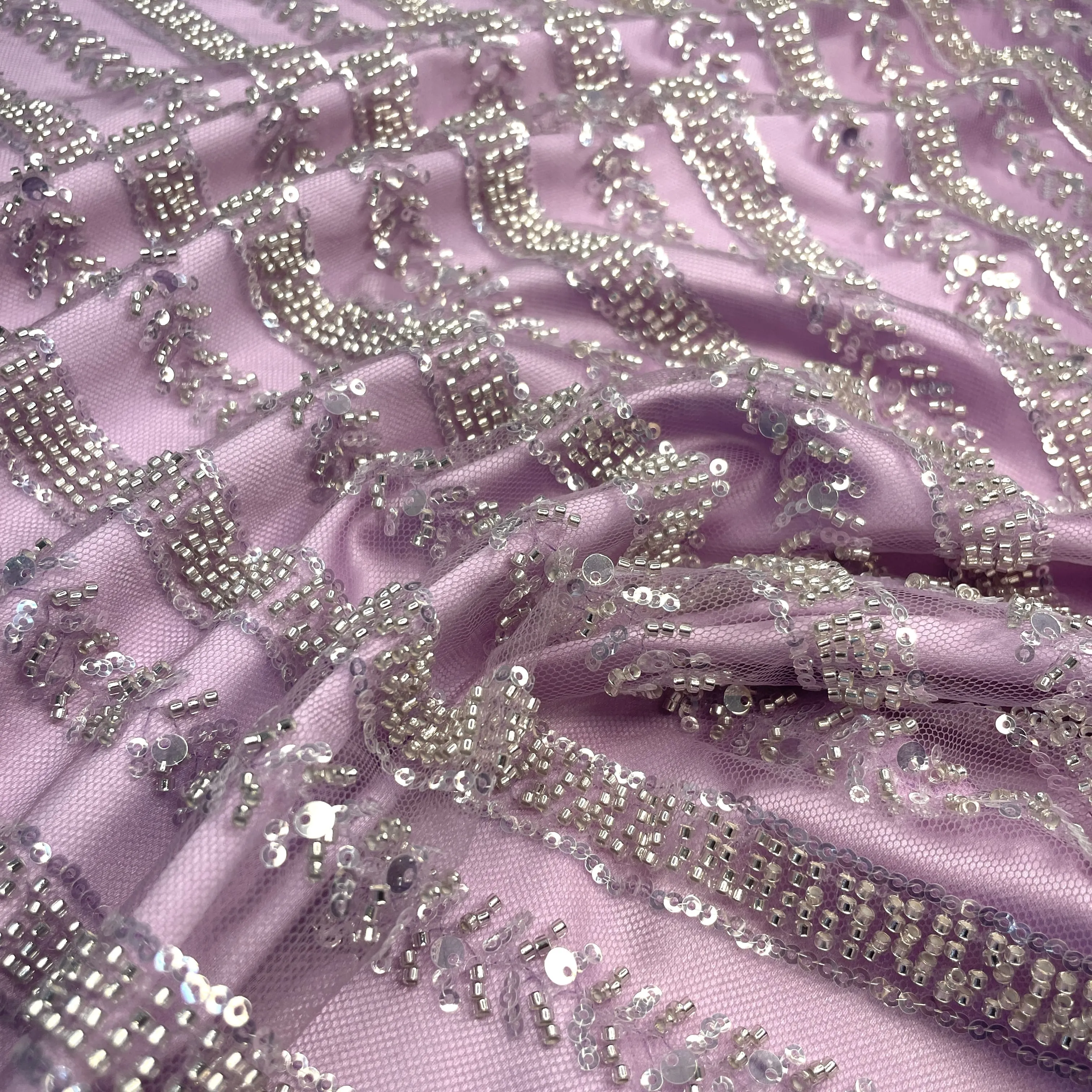 Premium Purple Stripes Sequins CutDana Embroidery Net Fabric