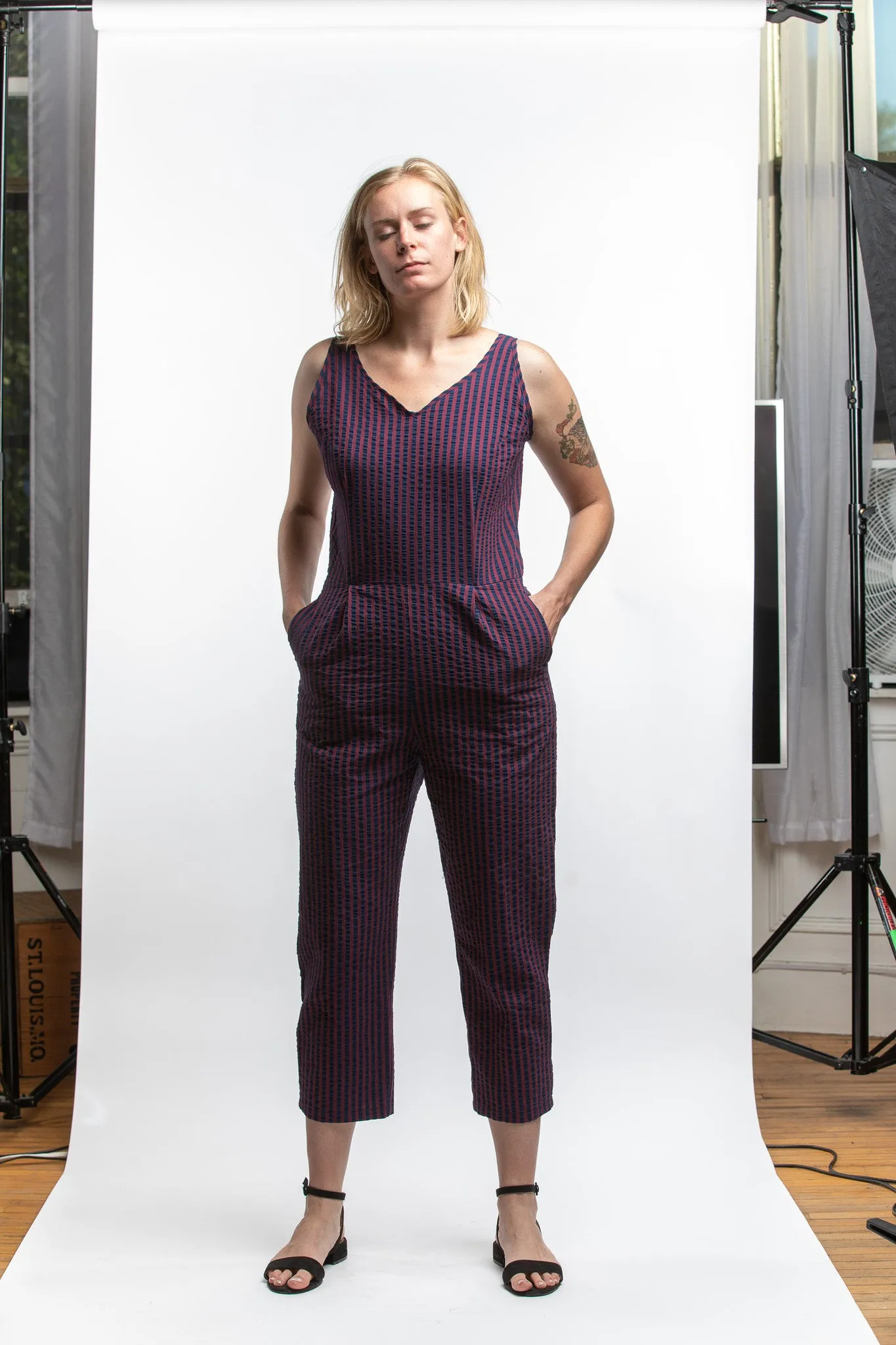 PTC - SKINNY SLEEVE JUMPSUIT (SEERSUCKER) BURGUNDY/INDIGO NAVY STRIPE