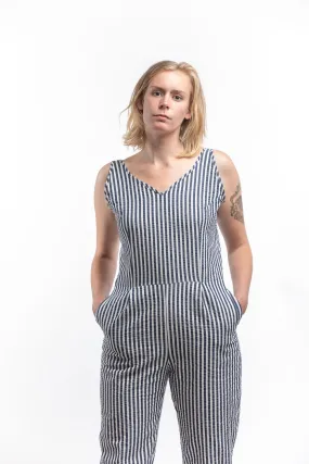 PTC - SKINNY SLEEVE JUMPSUIT (SEERSUCKER) WHITE/INDIGO NAVY STRIPE