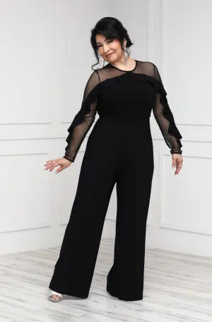 R&M Richards Petite Women's Ruffled Illusion Sleeve Black Jumpsuit