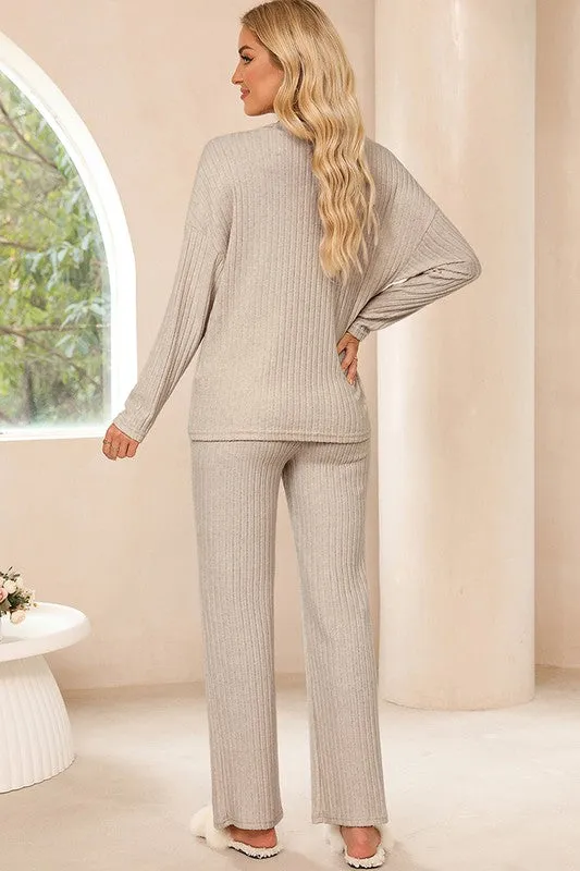 Ribbed Knit V Neck Slouchy Two-piece Outfit