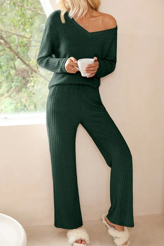 Ribbed Knit V Neck Slouchy Two-piece Outfit