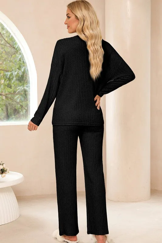 Ribbed Knit V Neck Slouchy Two-piece Outfit