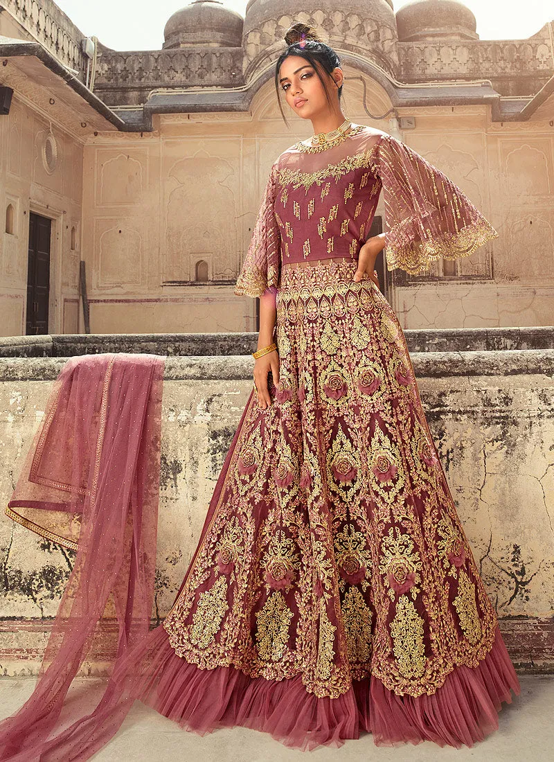 Rose Pink Embroidered Anarkali Lehenga/Pant Suit