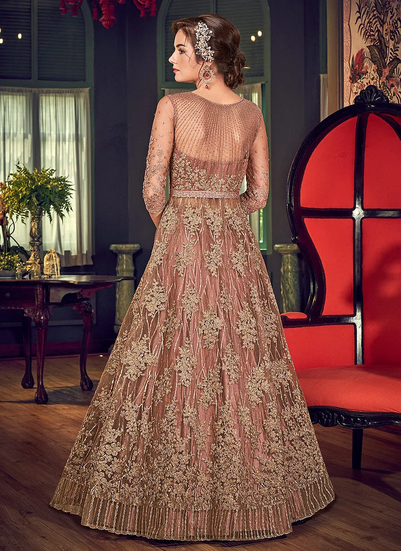 Rose Pink Embroidered Slit Style Anarkali Lehenga Suit