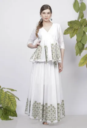 Sage Green Floral Hand-Block Printed V Neck Cotton Angrakha Top