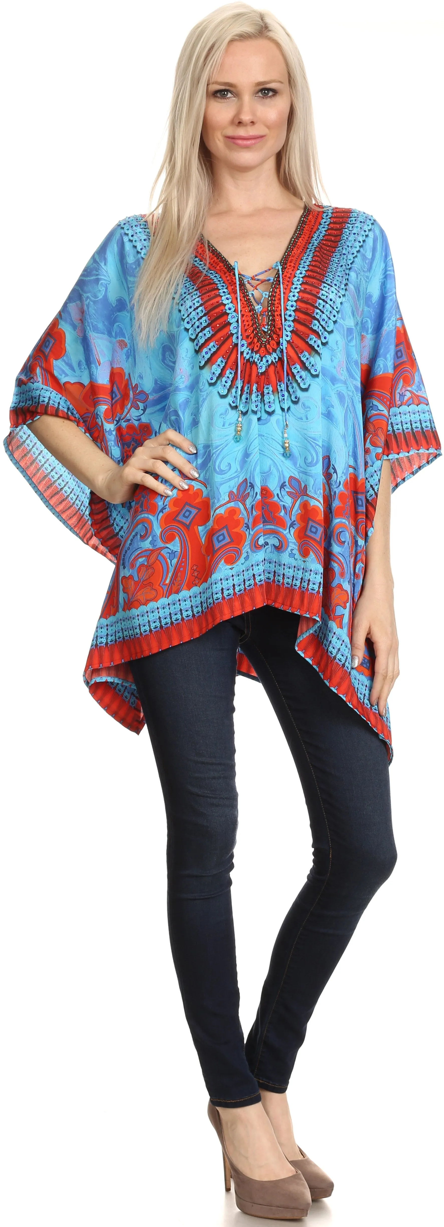 Sakkas Celeste Short V-Neck Lace Up Jewel Drawstring Poncho Coverup Kaftan Top