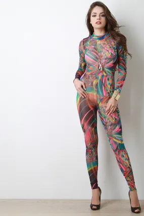 Semi-Sheer Abstract Print Mesh Jumpsuit