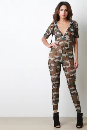 Semi-Sheer Camouflage Hooded Jumpsuit