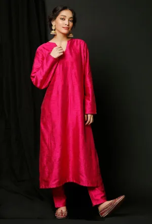 Set of 2 : Pink Raw Silk Kurta and Pink Silk Pants