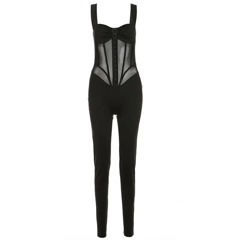 Sexy Bustier Hook & Eye Sheer Mesh Skinny Sleeveless Jumpsuit - Black