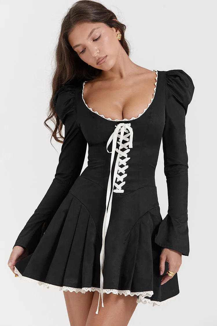 Sexy Lace Up Scoop Neck Puff Sleeve Ruffle Fit & Flare Party Mini Dress - Black