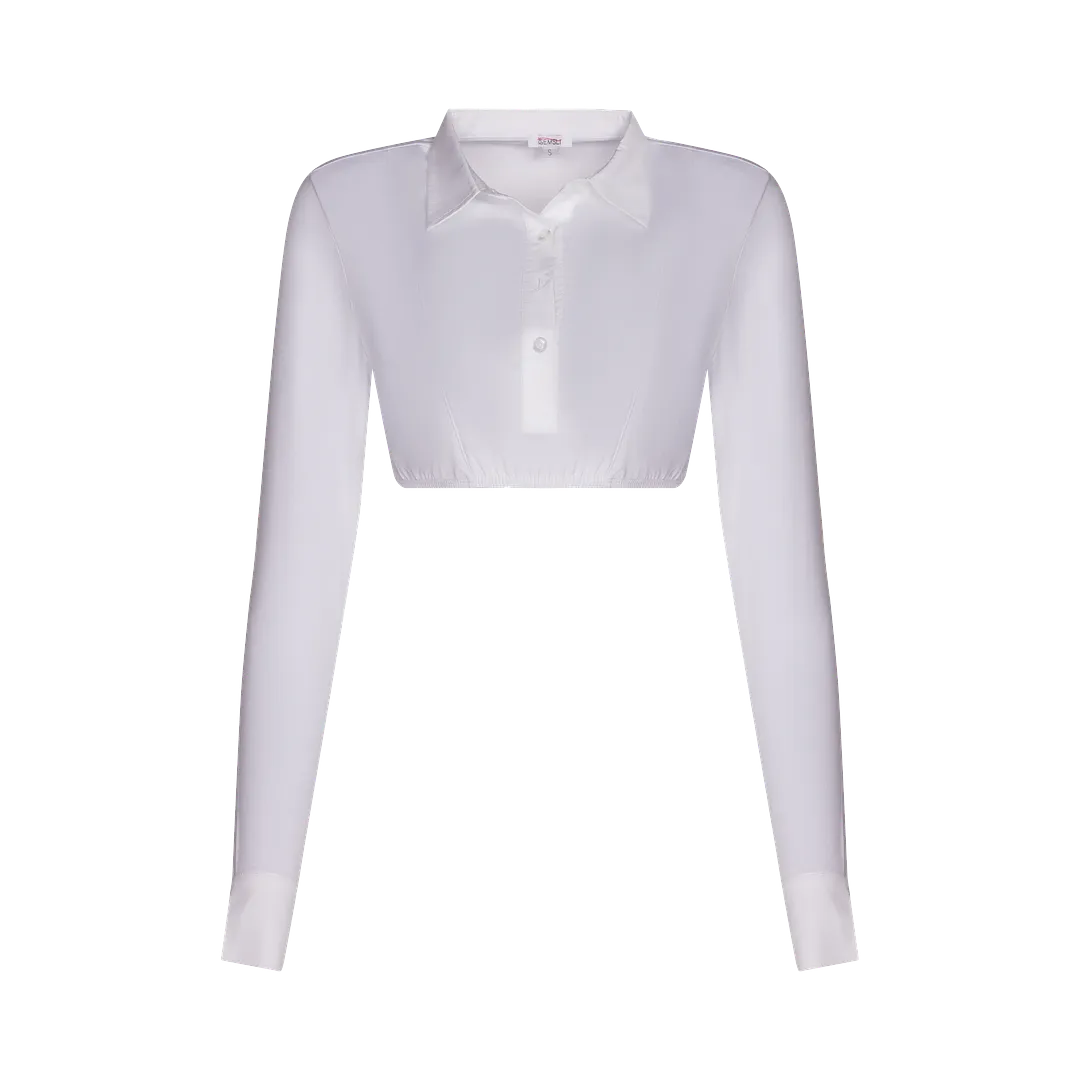 SH326 - long sleeve crop shell, woven insert, cuff, and pointy collar, viscose