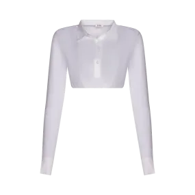 SH326 - long sleeve crop shell, woven insert, cuff, and pointy collar, viscose