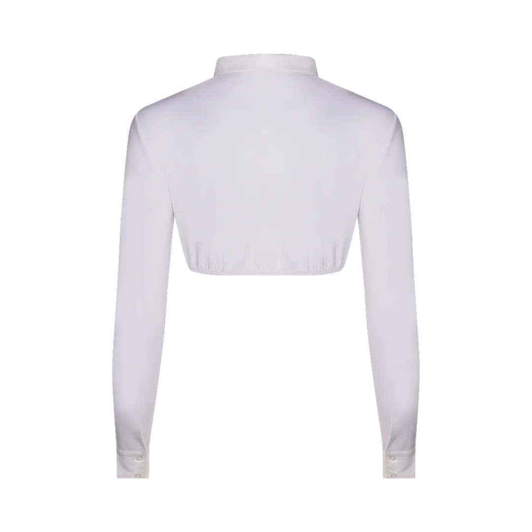 SH326 - long sleeve crop shell, woven insert, cuff, and pointy collar, viscose