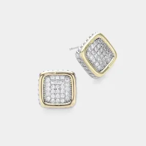 Silver CZ Stone Paved 14K Gold Plated Two Tone Square Stud Earrings