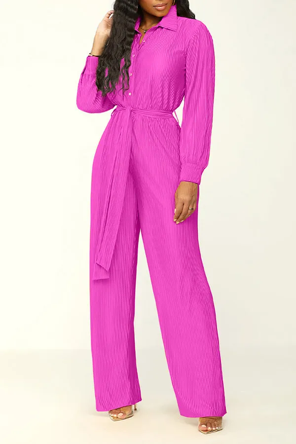 Solid Color Crinkled Button Up Jumpsuit