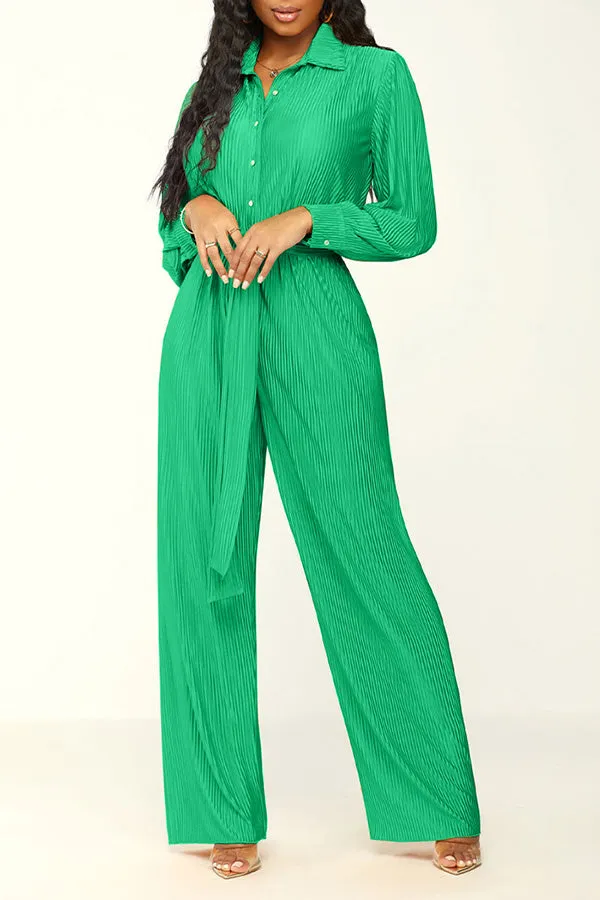 Solid Color Crinkled Button Up Jumpsuit