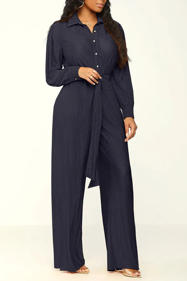 Solid Color Crinkled Button Up Jumpsuit