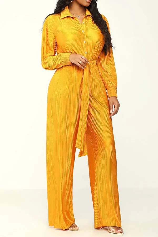 Solid Color Crinkled Button Up Jumpsuit