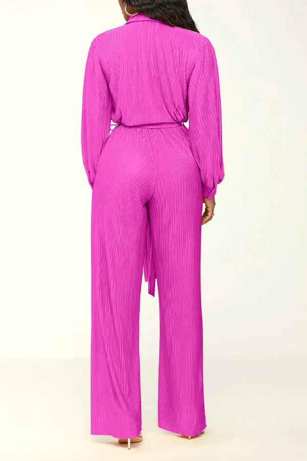 Solid Color Crinkled Button Up Jumpsuit