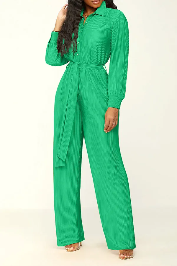 Solid Color Crinkled Button Up Jumpsuit