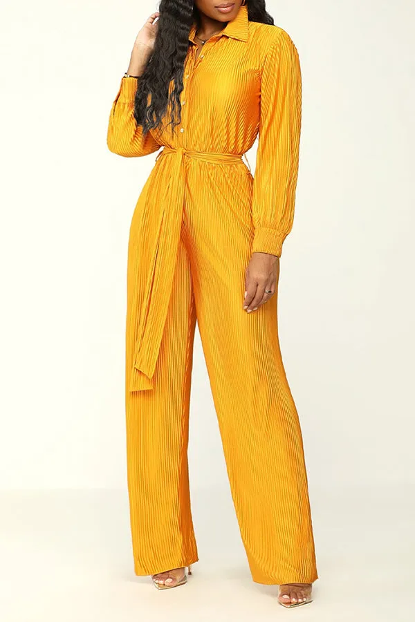 Solid Color Crinkled Button Up Jumpsuit