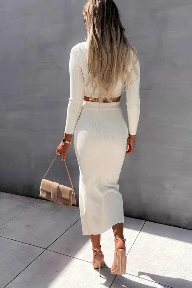 Solid Threaded Long Sleeve Slit Midi Dress Two Pieces Set