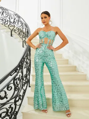 Strapless Cutout Sequin Green Jumpsuits RJ10481