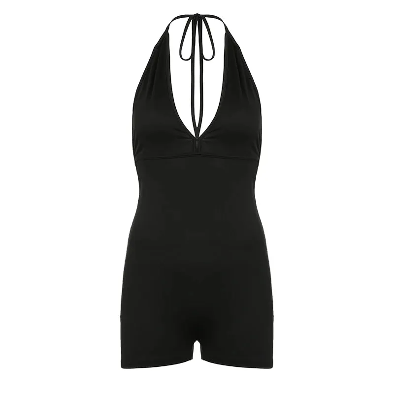 Streetwear Casual Fitness One Piece Sexy Playsuit Female Sporty Chic Backless Halter Neck Folds Bodycon Jumpsuit Gym