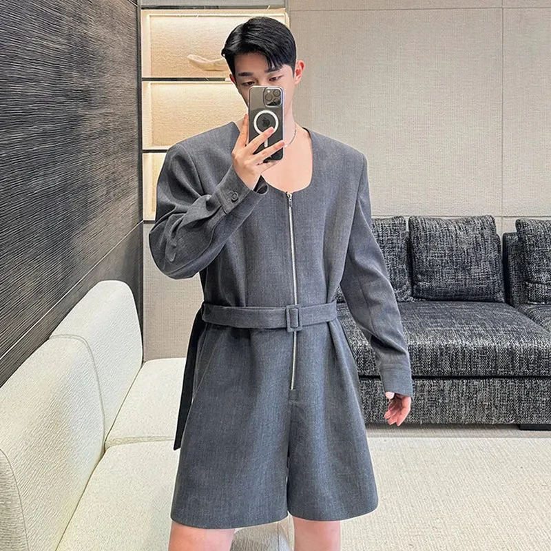 Summer Men's Jumpsuit One-piece Belted Shorts Suit Shaped Low Neck Zippersolid Color Male Rompers Personality 9C5466