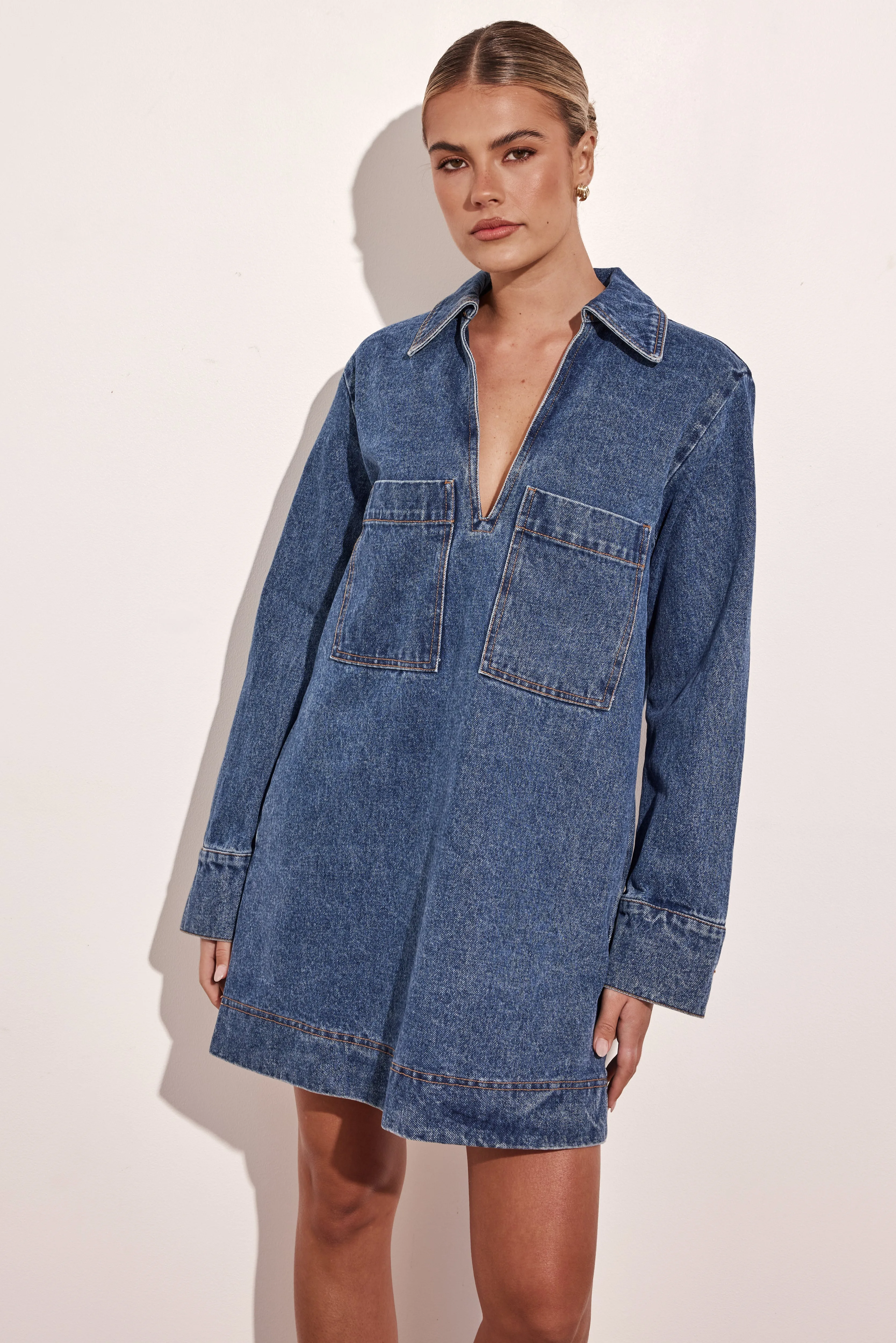 Tara Mini Long-Sleeve Dress (Denim)