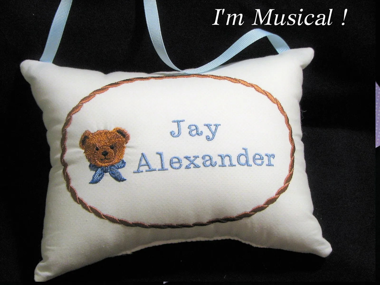 Tiny Teddy Head with Bow Music Box Pillow -- Personalized Embroidered MUSICAL Baby Keepsake