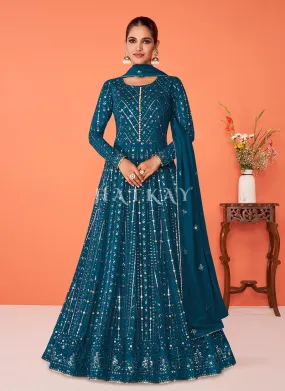 Turquoise Sequence Embroidered Flared Anarkali Suit