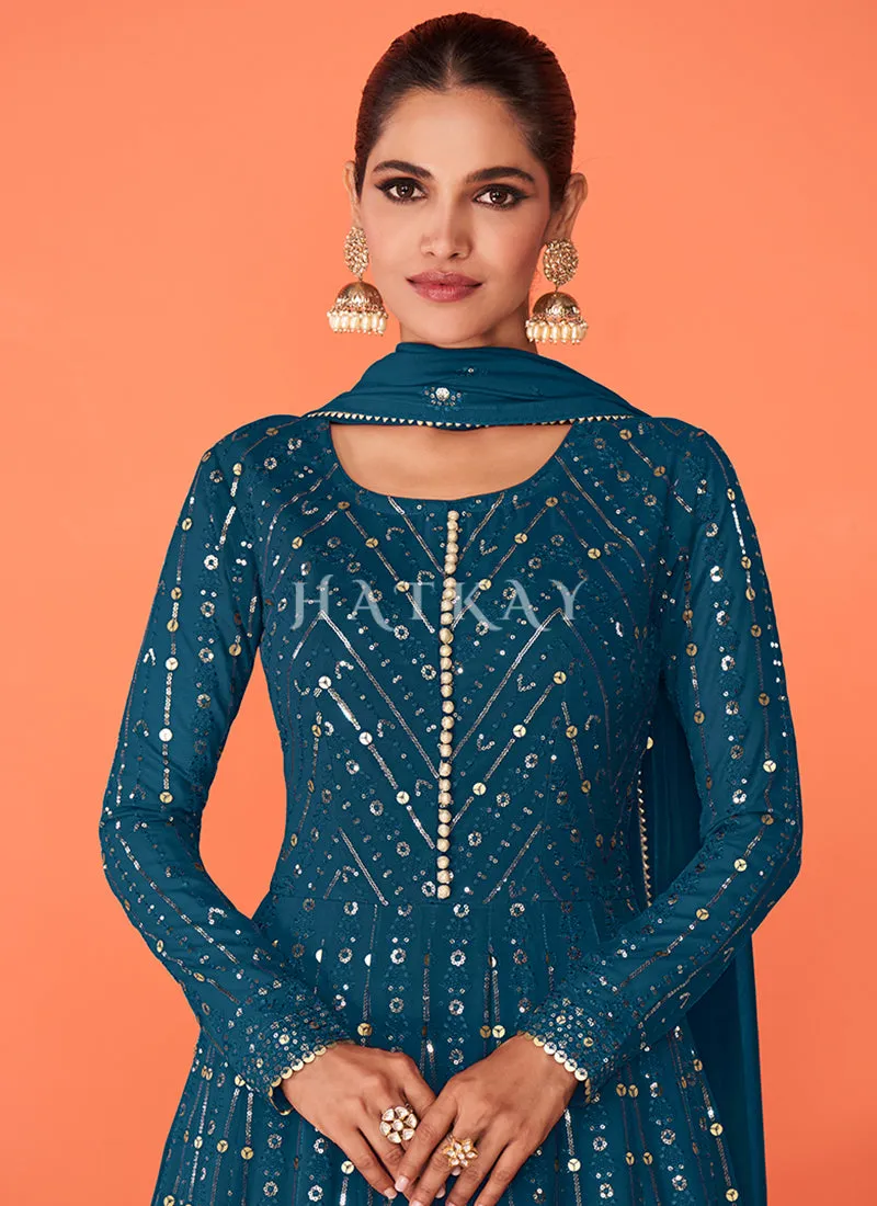 Turquoise Sequence Embroidered Flared Anarkali Suit