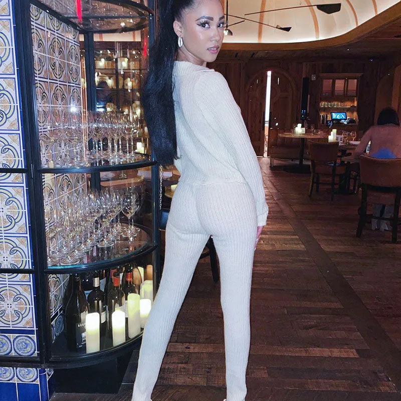 Unique Collared Button Up Long Sleeve Side Slit Ribbed Jumpsuit - Beige