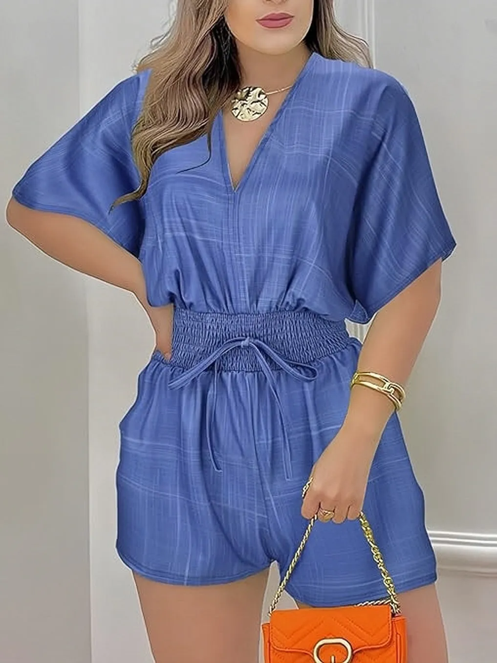 V Neck Denim Rompers Short Sleeve Shorts Jumpsuit