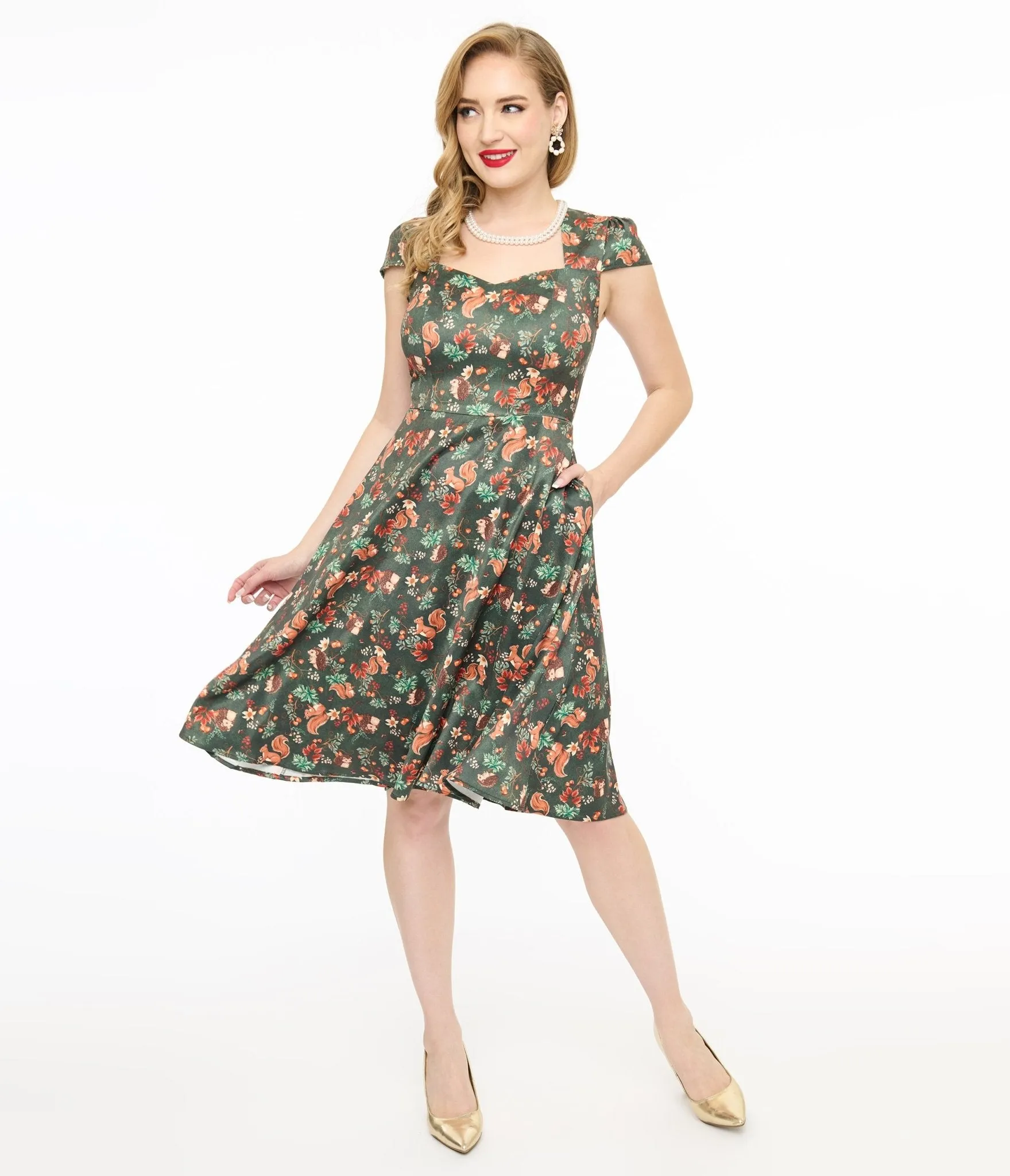 Voodoo Vixen 1950s Green Woodland Creatures Print Swing Dress