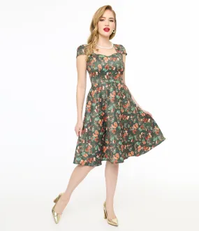 Voodoo Vixen 1950s Green Woodland Creatures Print Swing Dress