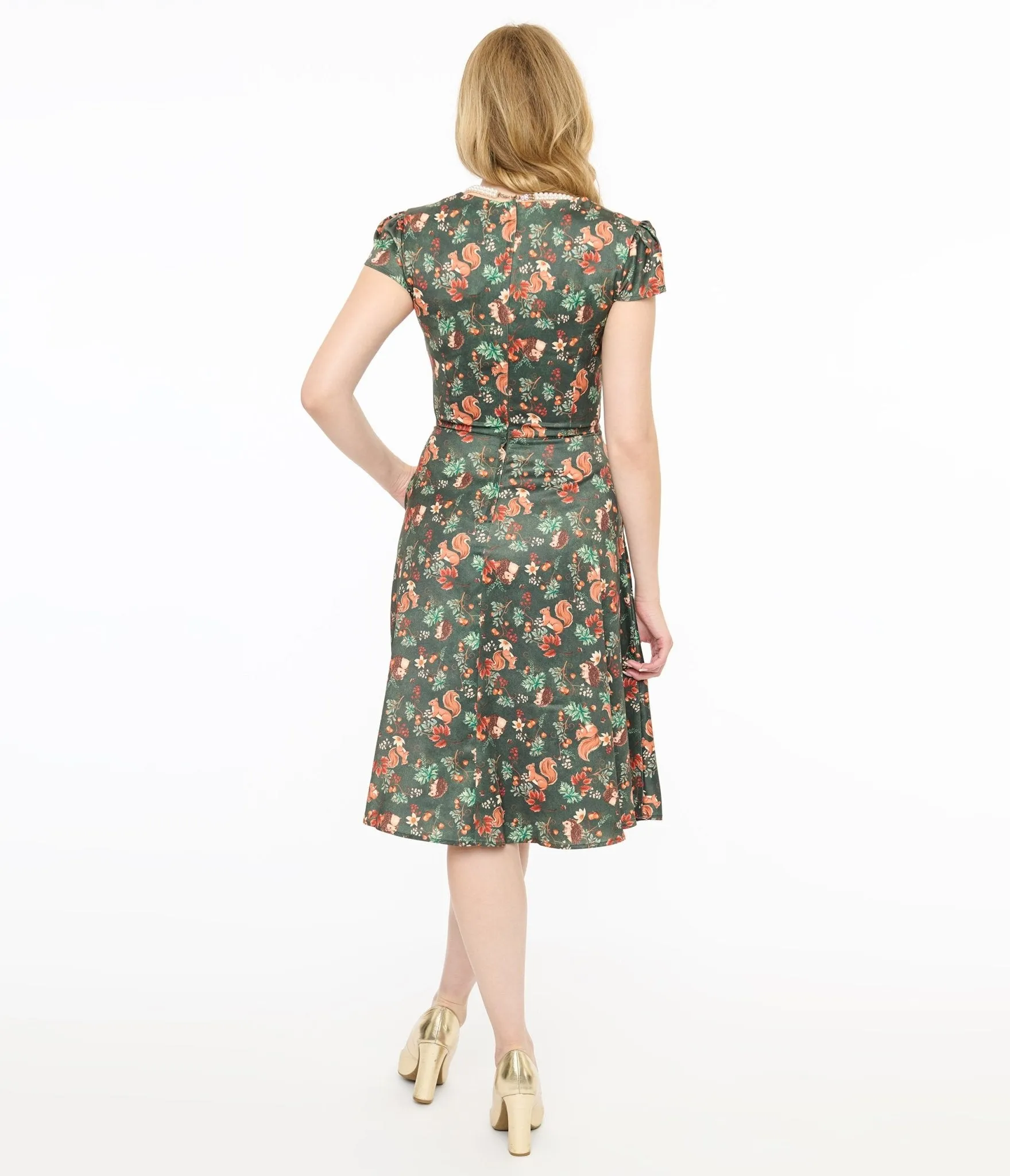 Voodoo Vixen 1950s Green Woodland Creatures Print Swing Dress