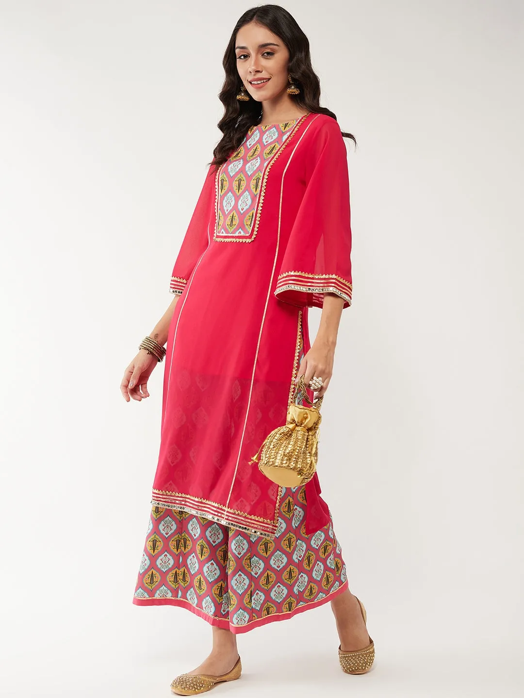 Wedding Inspired Solid Lace Kurta With Digital Printed Flared Palazzo Set