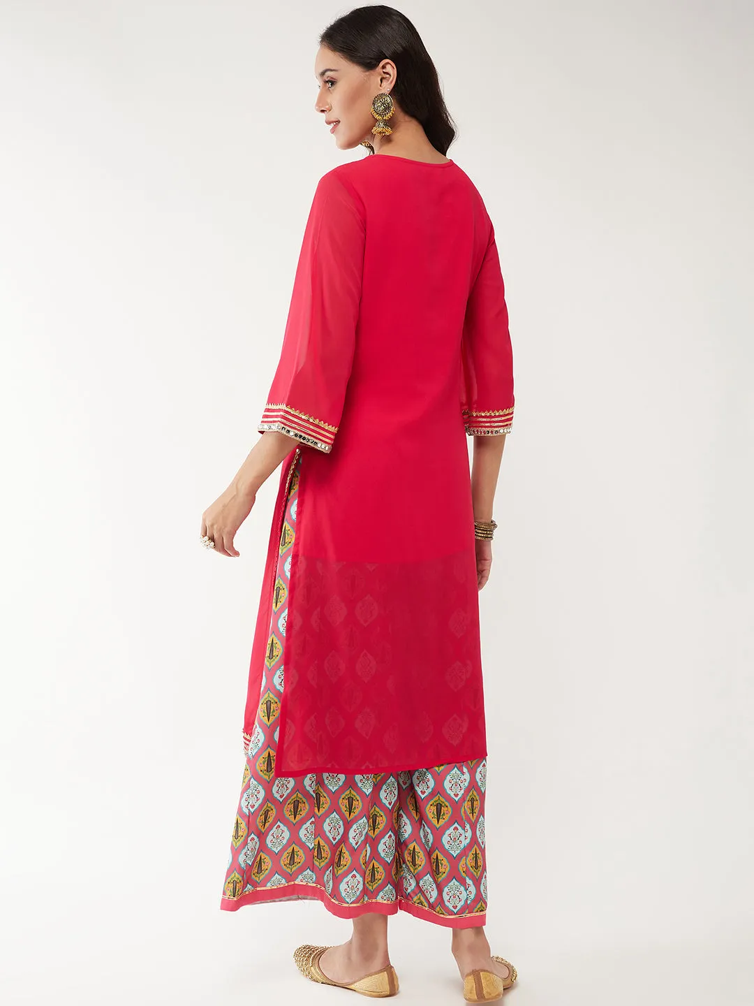 Wedding Inspired Solid Lace Kurta With Digital Printed Flared Palazzo Set