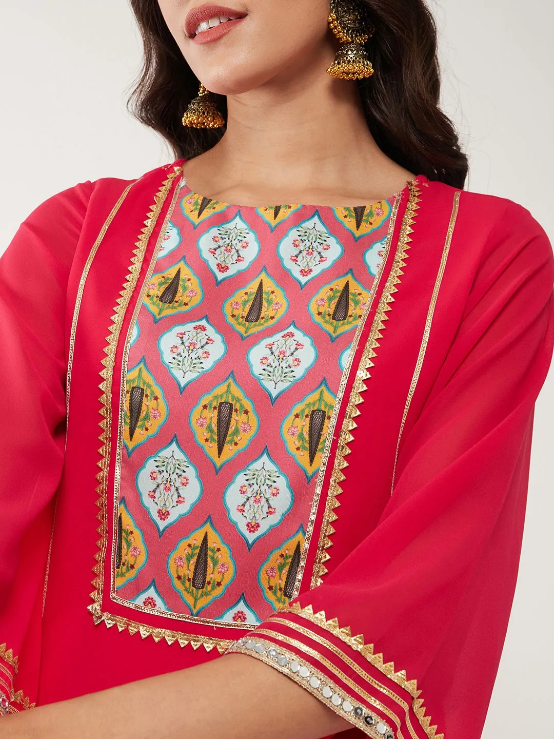 Wedding Inspired Solid Lace Kurta With Digital Printed Flared Palazzo Set