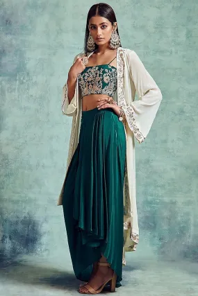 White & Forest Green Embroidered Cape Set