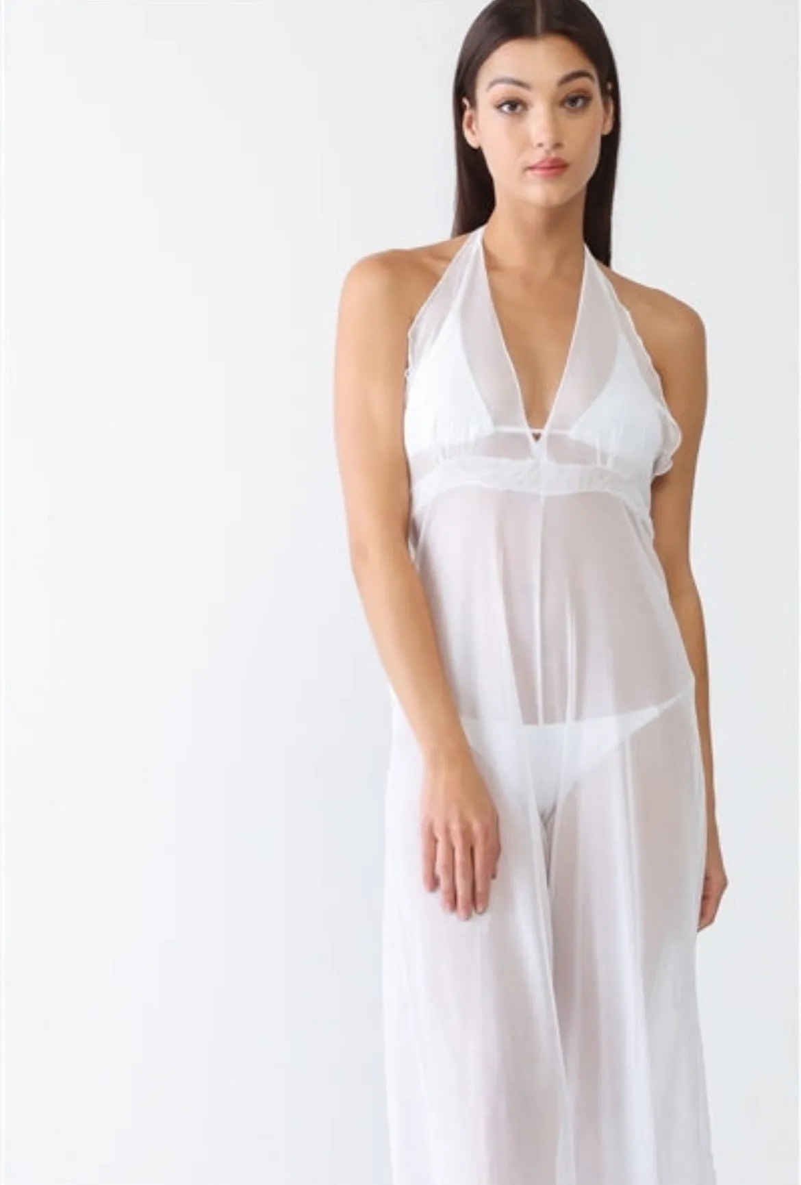 White V-Neck Sleeveless Wide Leg Sheer Jumpsuit Cover Up