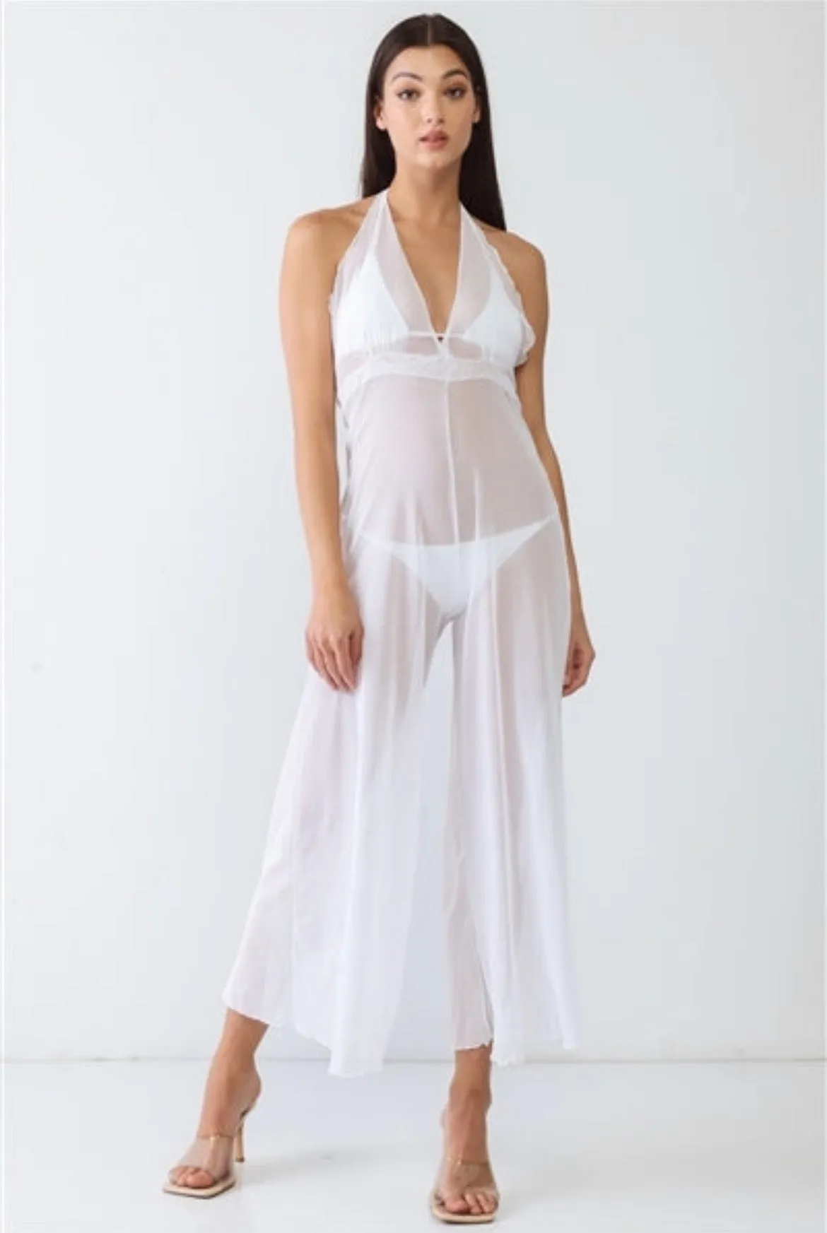 White V-Neck Sleeveless Wide Leg Sheer Jumpsuit Cover Up