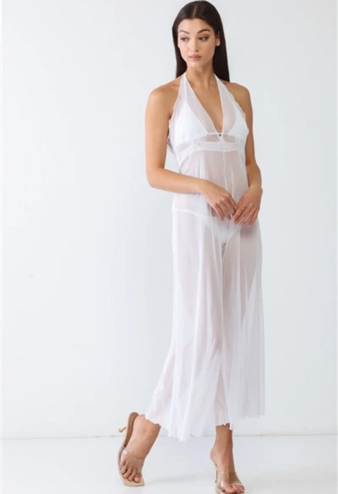 White V-Neck Sleeveless Wide Leg Sheer Jumpsuit Cover Up