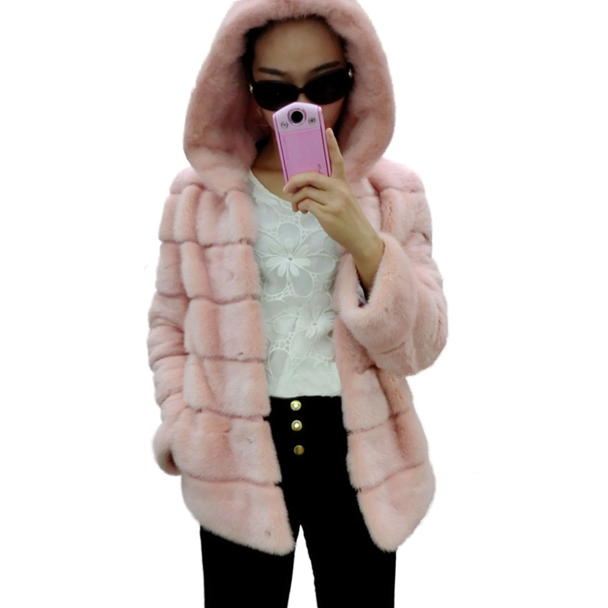 Women's Genuine Mink Fur Coat Women with Hood Striped Fur Jacket  16153